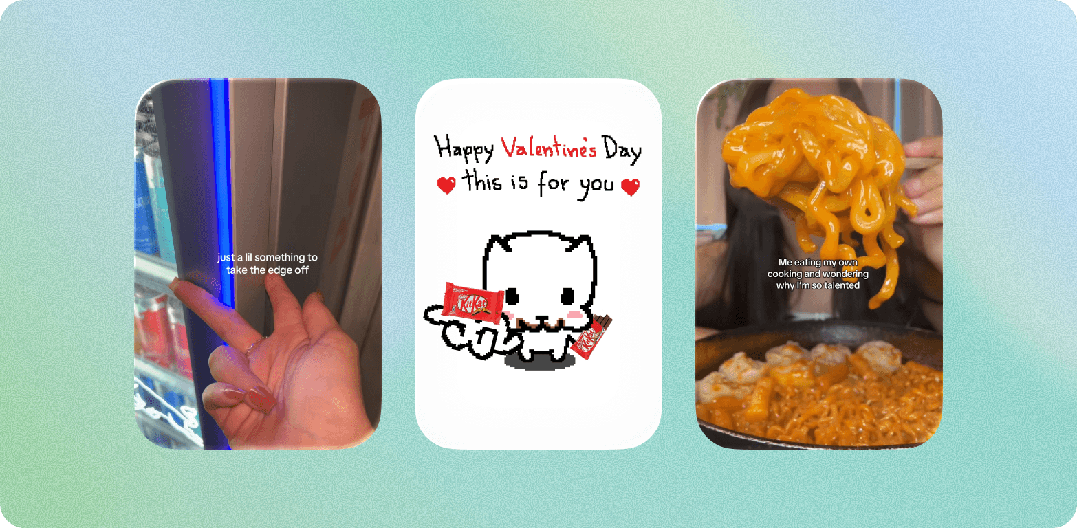 Three vertical social video examples on a mint background featuring a hand at a display case, a Valentine's Day KitKat illustration, and a person lifting noodles from a pan.