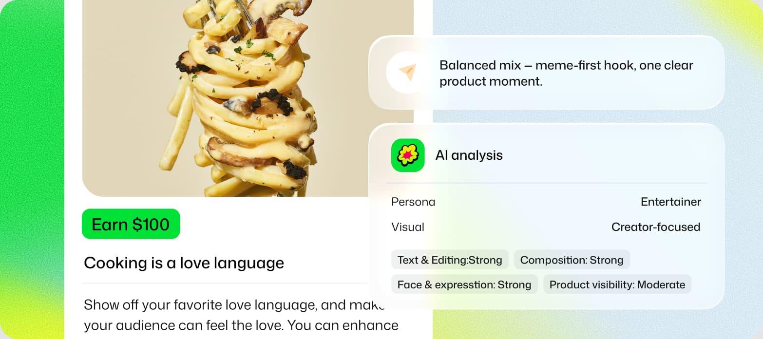 A campaign brief for a cooking video beside an AI analysis panel rating persona, visual style, and product visibility