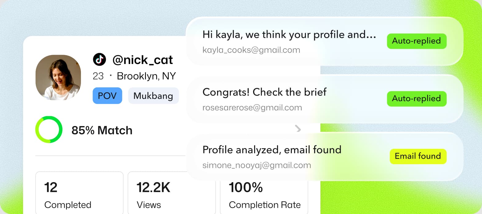 A creator profile with an 85% match score next to outreach emails marked auto-replied